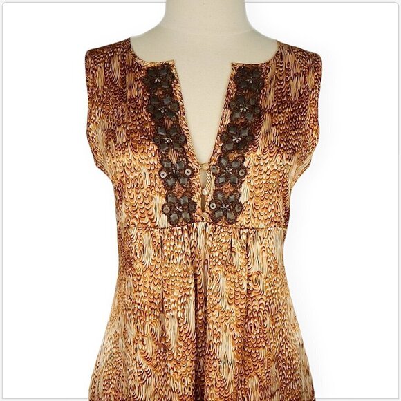 Beth Bowley Anthropologie Animal Print Silk Empire Brushed Copper Beaded Dress 4 - Picture 4 of 6